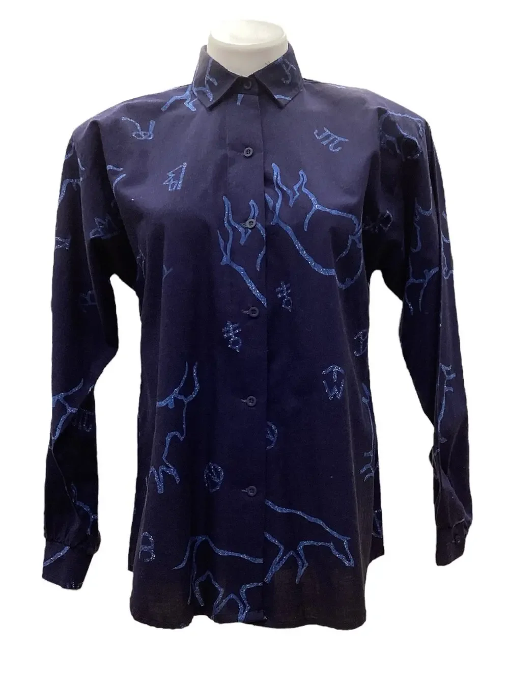 Vintage Roper Women’s Top Size M Cotton Button Down Bull Motif Dark Blue